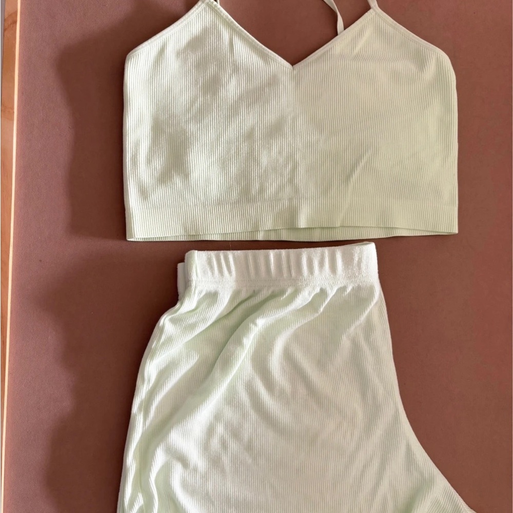 Mint Green Ribbed Crop Top and Skirt Set